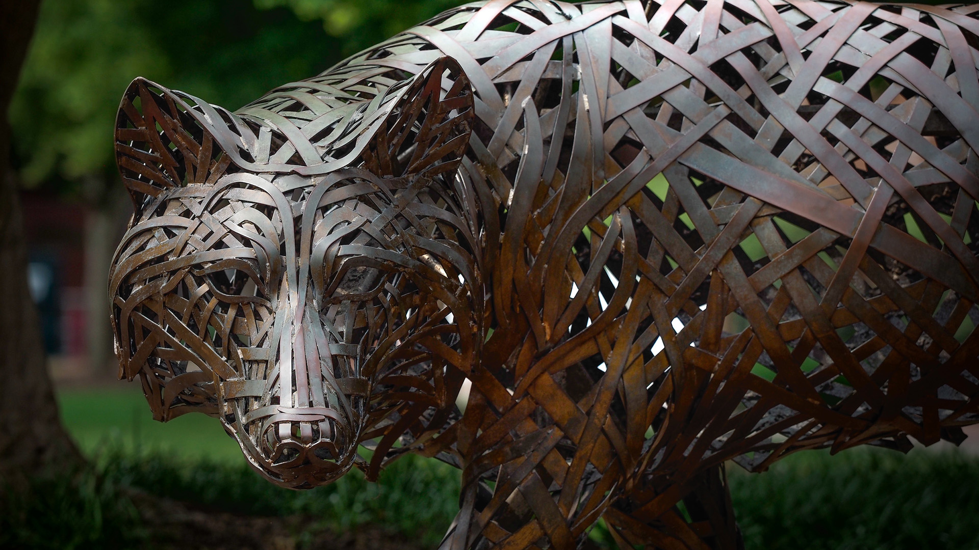 A copper wolf statue on NC State's campus.