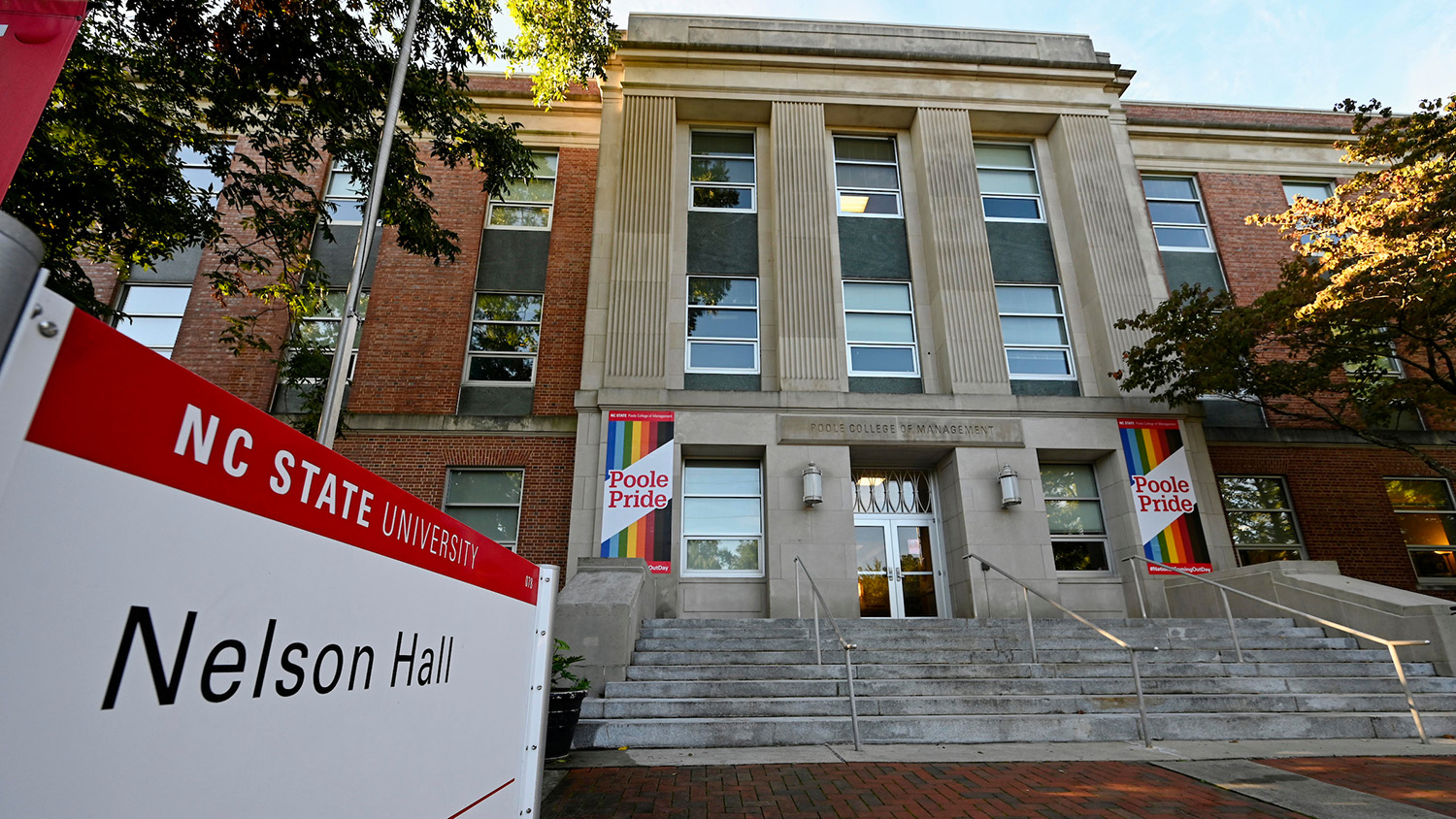 An exterior view of Nelson Hall, the campus home of the Poole College of Management.